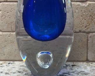 Heavy Blue Clear Glass Vase