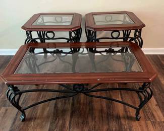 Set Of 3 Dark Wood, Glass Metal Tables