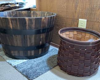 Wood 1/2 Barrel & Leather Woven Basket