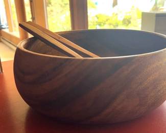 Pacific Merchants Acacia ware Wood Salad Serving Bowl w/ Utensils