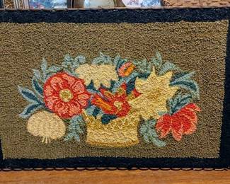 The house that keeps on giving! New/ old discoveries everyday!
Vintage Folk Art hand hooked wool wall hanging/not rug in a wonderful handmade Cottage frame!
24.5 tall x 36.5