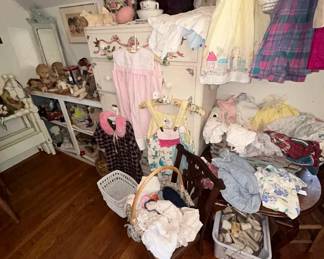 Toys vintage baby clothes and Dolls upstairs