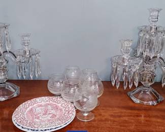 Gorgeous pair of three light candelabra in the Old Williamsburg design by Heisey. This candelabra's consists of 44 individual pieces