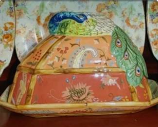 Tracy Porter Artesian Road collection, featuring a peacock design. It is a covered dish, designed to keep butter fresh and soft at room temperature