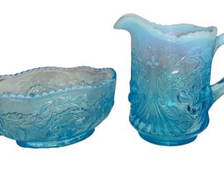 Antique Fenton for L.G. Wright Opalescent Glass Creamer & open sugar Wreath Cherries Pattern