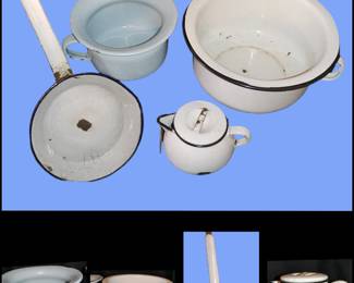 Vintage enamelware chamber pot frying pan and cream pitcher