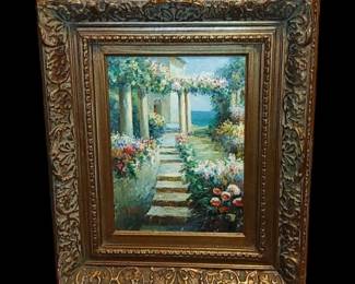 Artist signed oil painting depicting a Mediterranean garden scene with an ocean view.
Artist: Bent
Painting is in a gorgeous heavy antique ancestor frame
Frame size: 22 x 26.5