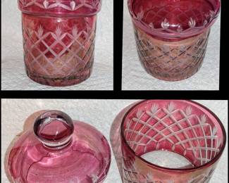 Cranberry cut to clear jar with lid probably one of a set long time ago