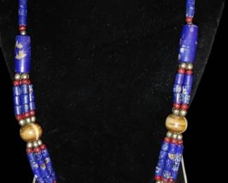 Vintage lapis silver coral and other gemstones in this beautiful necklace