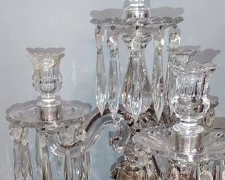 Gorgeous pair of three light candelabra in the Old Williamsburg design by Heisey. This candelabra's consists of 44 individual pieces