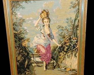 Signed needlepoint rendition of Jean-Baptiste Huet's painting, "La Laitière" (The Milkmaid).
31x35
Artist Signed: O.Cook