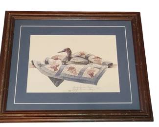 Old Friends" by artist Sandy Lynam Clough.
The print depicts a duck decoy resting on a quilt.