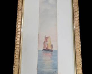 Antique impressionist watercolor painting depicting a sailboat in a coastal landscape, possibly of Dutch origin
Signed HC