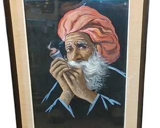 Artist Signed Indian Art Painting Rajasthani older man with white beard and pink turban smoking
The frame is 21x16
I did have to take this Out of the frame too see if it was a print. It's charcoal and appears to be oil on paper.
I cannot read the artist's name but it has stated 1962.
A stunning painting the colors are fantastic!