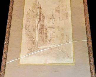 Beautiful original Engraving ( glass in the frame is cracked but the engraving is not damaged. Comes as beautiful antique hand-carved frame