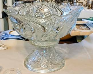 EAPG L E Smith Clear Crystal Glass McKee Aztec Punch Bowl Set 12 matching Cups Other cups included plus L.smith clear Ladle