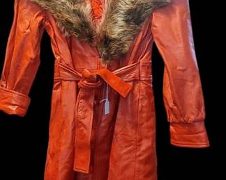 Fantastic Red 1970s all leather trench coat with belt & fox fur collar