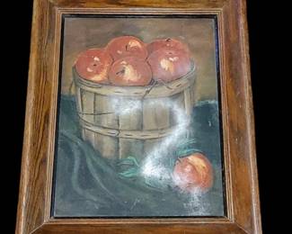 1940's all oil canvas
Entitled apple harvest signed for the artist phone number on the back