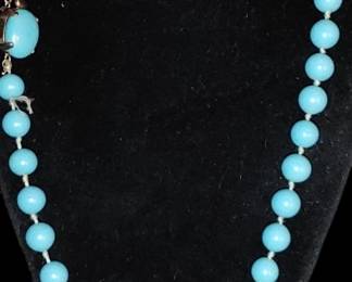 Crown Trifari Glass Faux Turquoise Bead Necklace, Hand Knotted.