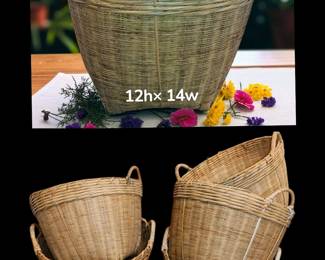 Wonderful very heavy sturdy bamboo gathering baskets w handles .vintage made in the Republic of China all of these range 12 h x 14w
With handles