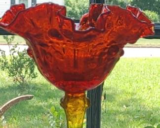 Fenton Cabbage Rose Style Amberina Glass Ruffled Compote Candy dish Pristine condition with original sticker