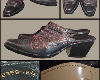 Cole Haan Womens Morgan Leather Western Heel Mules Black with studs and red stitching