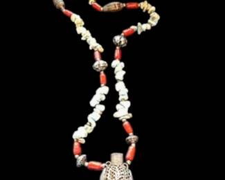 Early Tibetan Sterling and red coral necklace with snuff bottle