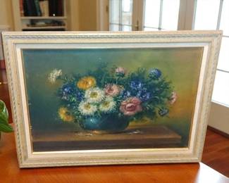 Vintage oil on wood floral still life 27x20
