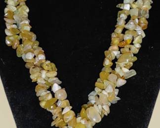 Sterling Silver Lemon jade Chip 3-strand Beaded Necklace carved pearl Flower pendant