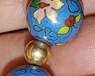 Very long 14kt Gf chain with beautiful blue Chinese Cloisonné beads & 14kt gold beads.