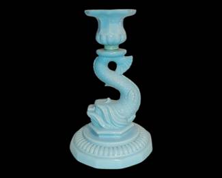 2 Vintage Portieux Vallerysthal FRENCH BLUE - BEARDED KOI DOLPHIN Candlestick ( the top has been glued back on however we have a complete other dolphin that could be put back together)