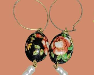 Cloisonne gold hoops with dangle Pearl accent