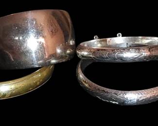 Two vintage etched sterling silver 925 bangle bracelets one vintage stainless steel cuff and one vintage brass bangle