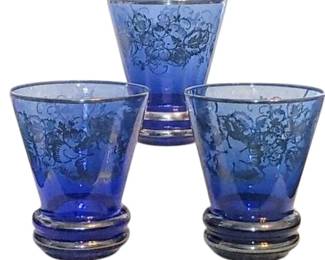#3 Antique Cobalt Blue Drinking glasses with ornate sterling silver floral overlay