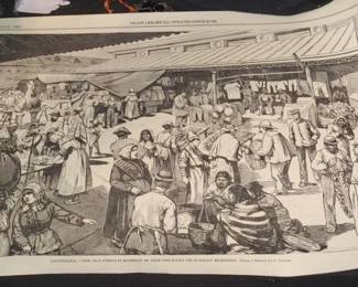 ENGRAVING: "Louisiana--The Old French Market in New Orleans on Sunday Morning". engraving from Frank Leslie's Illustrated Newspaper: March 31,1883
Excellent condition has been rolled up