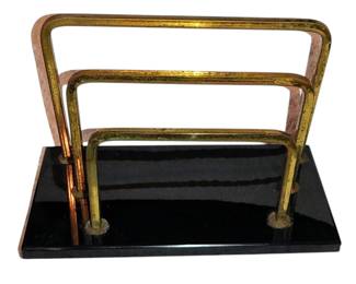 Vintage Art Deco Black Onyx Stone, Brass, Desk Letter, Mail, Note Holder.
