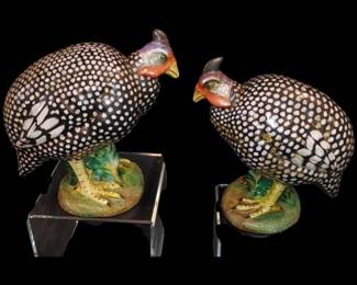 Pair of Glazed Italian Majolica Guinea Hen Figures, mid-20th c., probably by Ugo Zaccagnini, with rich multicolor glaze, faded 'Made in Italy'
( one is badly damaged with repair)