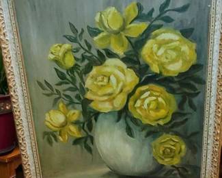 Wonderful old Charming oil on canvas painting of yellow roses in a French Country frame 62 yrs old. Signed & dated by the Artist