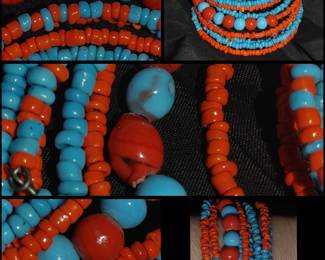 Vintage Southwest wrap/coil bracelet Turquoise /coral seed beads