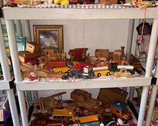 Mickey and Minnie Mouse wooden toys and trucks and other Collectibles and toys upstairs