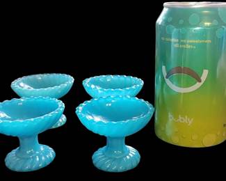 #4 Rare 1930s Portieux Vallerystahl France Blue Opaline Pedestal Swirl Salt Cellar Dip. These salt cellars were made by Portieux Vallerysthal in France and feature a bright blue milk glass with an elegant pedestal swirl pattern.