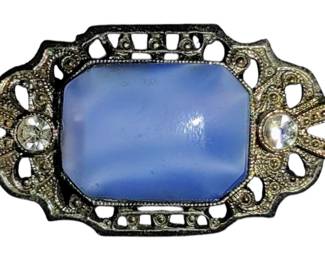 1928 Brand blue glass stone brooch silver tone clear rhinestone art deco filigree