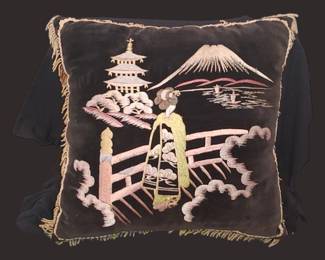 Vintage velvet silk embroidery thread Oriental pillow with fringe