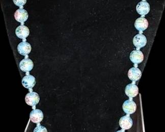 Beautiful blue and pink floral cloisonne hand knotted necklace with gold filled floral clasp