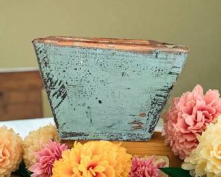 Taper primitive bowl/planter chippy green milk paint put together with copper sides and Tiny square nails