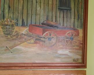 Hand painted red wagon and barn