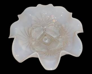 Antique Jefferson Glass Shell and Dots White Opalescent Ruffled Bowl Circa 1910
