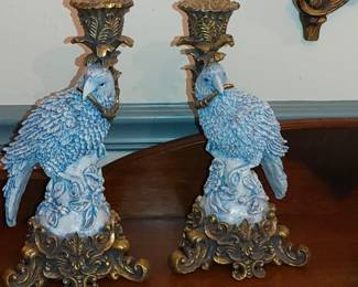 Pair Chrisdon Composite Resin Candlesticks Blue Parrots Floral Gold 12"h RARE