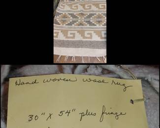 Hand woven Southwestern Native American wool rug gray tan and ecru with fringe