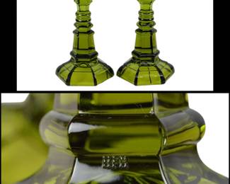Pair of Fostoria ARGUS HFM Henry Ford Museum Green Glass Candlesticks, 9", 1 with Chip, Pressed Glass, Taper Candle stamped letters HFM